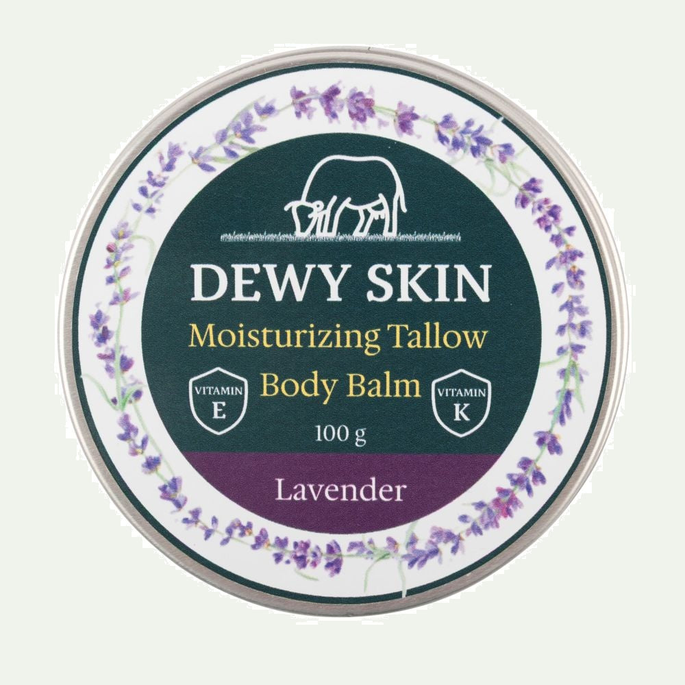 Macro close-up of Dewy Skin Natural Moisturising Tallow Balm Lavender jar