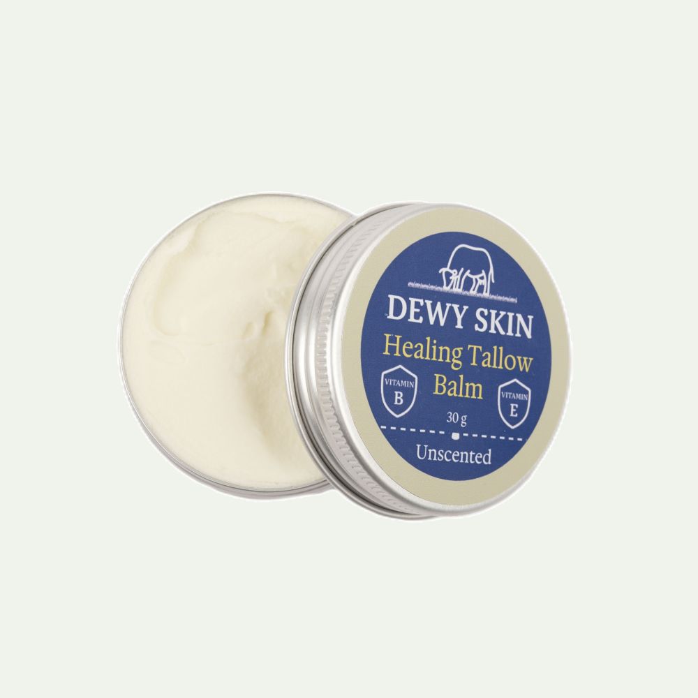 Macro close-up of Dewy Skin Natural Healing Tallow Balm Unscented jar open