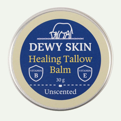 Macro close-up of Dewy Skin Natural Healing Tallow Balm Unscented jar