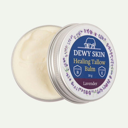 Dewy Skin Natural Healing Tallow Balm jar open, showing balm and recyclable aluminium jar