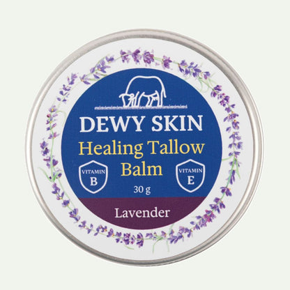 Macro close-up of Dewy Skin Natural Healing Tallow Balm jar