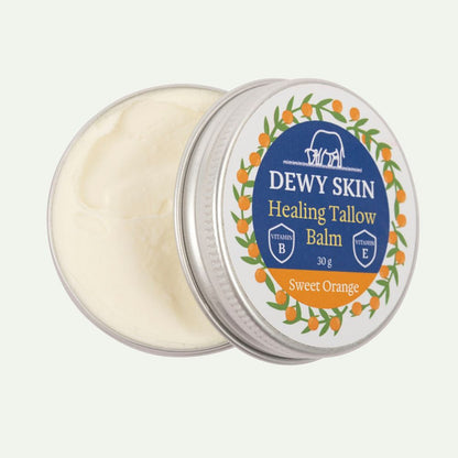 Macro close-up of Dewy Skin Natural Healing Tallow Balm Sweet orange jar open