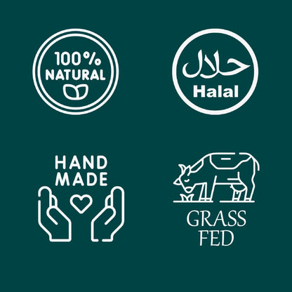 Dewy Skin Natural credentials of being natural, grass fed tallow, handmade and halal