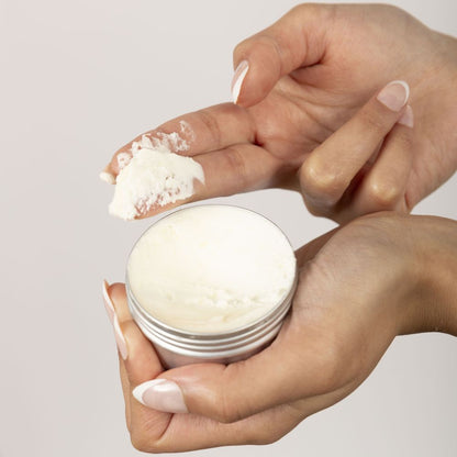 Hands showing Dewy Skin Natural Moisturizing Tallow Balm Lavender texture