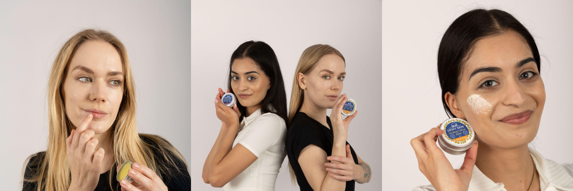 Women holding Dewy Skin Natural products and applying on face and lips
